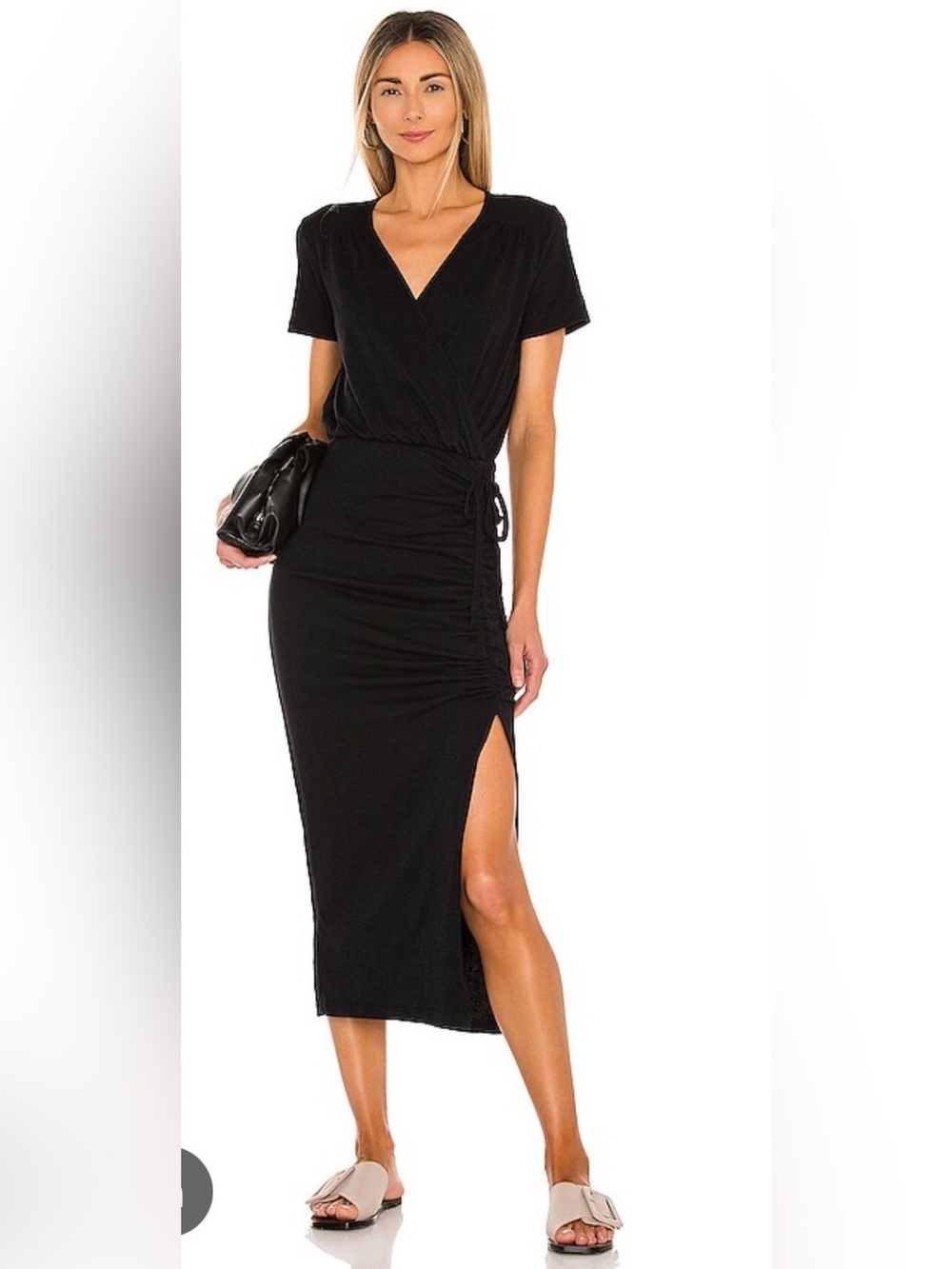 SUNDRY Women's Black Ruched Wrap V-Neck Short Sleeve Midi Dress Size 1 Small NWT